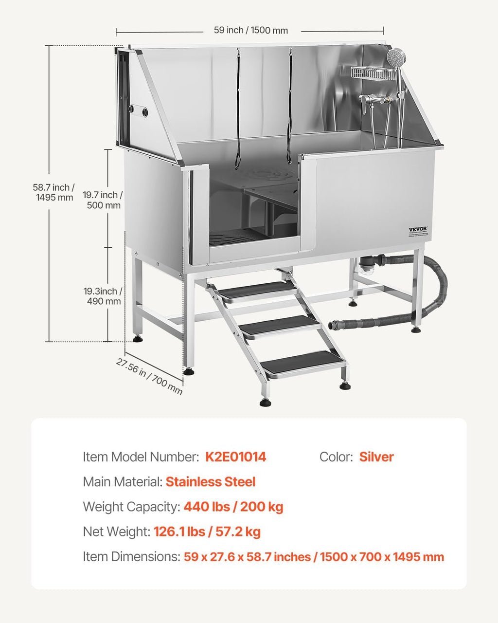 VEVOR Stainless Steel Dog Washing Station, Professional 62 inch Pet Grooming Tub w/Stairs, PE Water Filter Board, Faucet & Showerhead & Soap Holder...