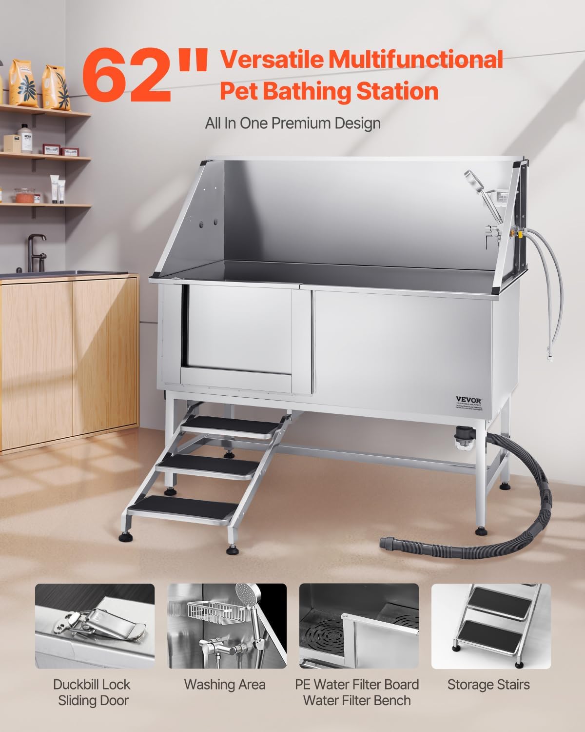 VEVOR Stainless Steel Dog Washing Station, Professional 62 inch Pet Grooming Tub w/Stairs, PE Water Filter Board, Faucet & Showerhead & Soap Holder...