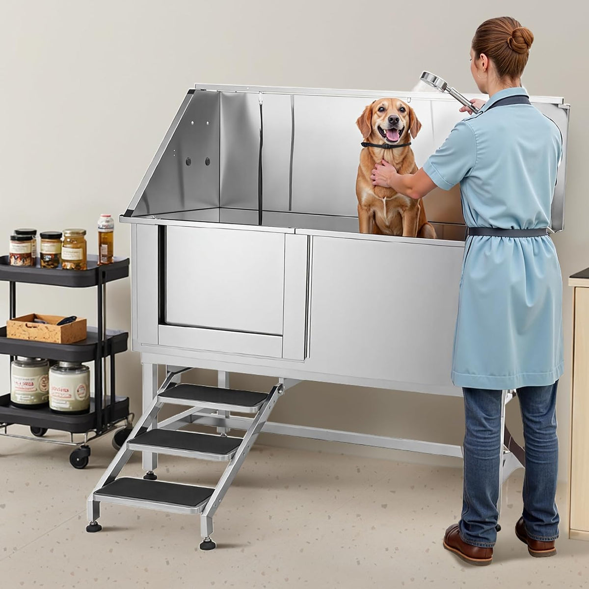 VEVOR Stainless Steel Dog Washing Station, Professional 62 inch Pet Grooming Tub w/Stairs, PE Water Filter Board, Faucet & Showerhead & Soap Holder...