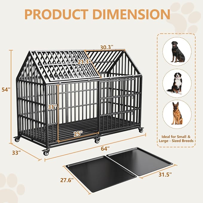 64 inch Heavy Duty Indestructible Dog Crate, New Upgraded Reinforced for Giant Dogs, XXXL Dog Crate for High Anxiety Dogs/Max Load Capacity 300lbs/Double Door with Wheels