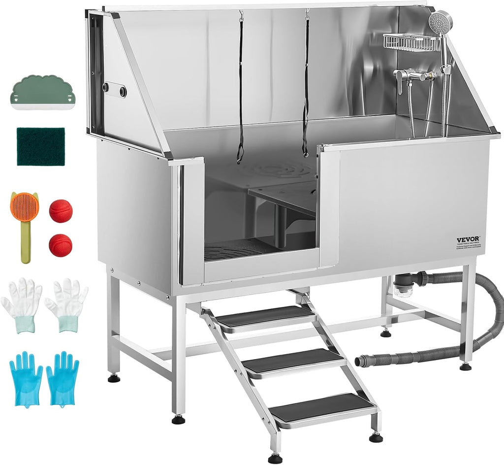 VEVOR Stainless Steel Dog Washing Station, Professional 62 inch Pet Grooming Tub w/Stairs, PE Water Filter Board, Faucet & Showerhead & Soap Holder...