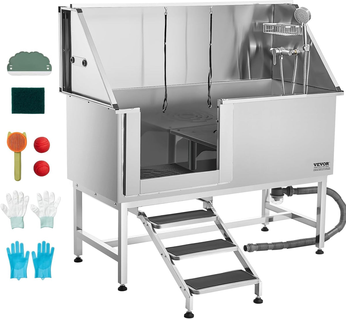 VEVOR Stainless Steel Dog Washing Station, Professional 62 inch Pet Grooming Tub w/Stairs, PE Water Filter Board, Faucet & Showerhead & Soap Holder...