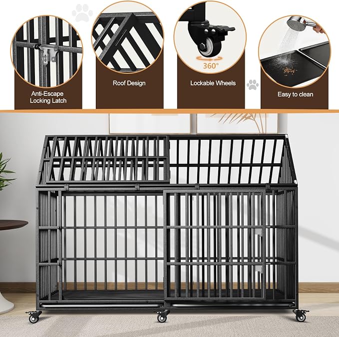 64 inch Heavy Duty Indestructible Dog Crate, New Upgraded Reinforced for Giant Dogs, XXXL Dog Crate for High Anxiety Dogs/Max Load Capacity 300lbs/Double Door with Wheels