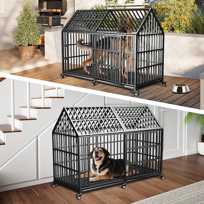 64 inch Heavy Duty Indestructible Dog Crate, New Upgraded Reinforced for Giant Dogs, XXXL Dog Crate for High Anxiety Dogs/Max Load Capacity 300lbs/Double Door with Wheels