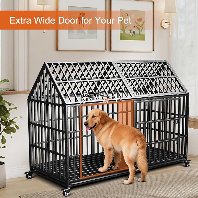 64 inch Heavy Duty Indestructible Dog Crate, New Upgraded Reinforced for Giant Dogs, XXXL Dog Crate for High Anxiety Dogs/Max Load Capacity 300lbs/Double Door with Wheels
